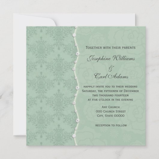 Vert Floral Damask Vintage Invitations de mariage (Devant)