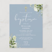 Vert Floral Dusty Baptême bleu Invitation (Devant)