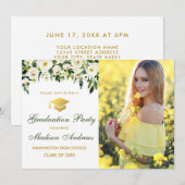 Vert Floral Gold Photo Invitation de la fête de gr (Devant / Derrière)
