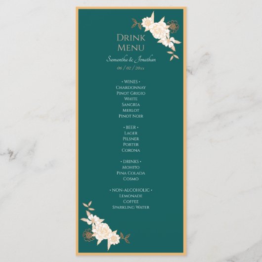 Vert foncé avec crème Rose Menu Mariage (Dos)