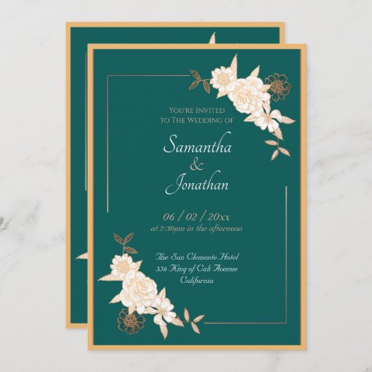 Vert foncé avec Roses de crème Faire-part de maria (Devant / Derrière)