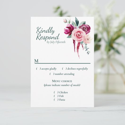 Vert foncé, Bourgogne et Boho Blush RSVP avec menu (Debout devant)