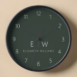 Vert foncé Élégant Moderne Minimaliste Monogramme<br><div class="desc">Améliorez votre décoration de maison avec notre horloge murale Monogramme minimaliste classique élégant et moderne. Ce magnifique garde-temps allie élégance intemporelle et minimalisme contemporain, élevant votre espace de vie à de nouveaux niveaux de sophistication. Réalisée avec précision et attention minutieuse aux détails, cette horloge murale est plus qu'un simple accessoire...</div>