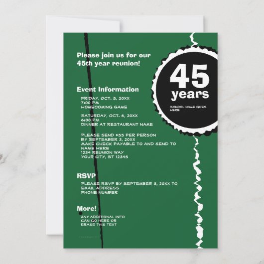 Vert invitation de la Réunion de classe de 45 ans (Dos)