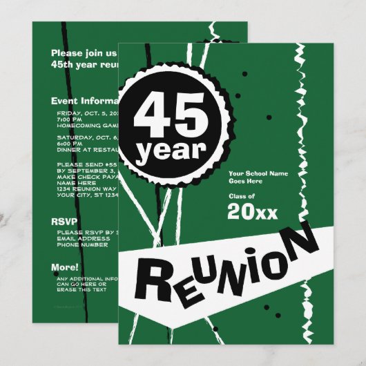 Vert invitation de la Réunion de classe de 45 ans (Devant / Derrière)