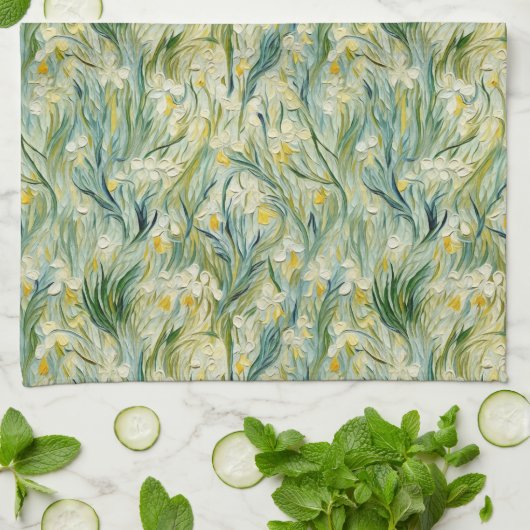 Vert Jaune Botanique Iris Motif Serviettes de cuis (Plié)