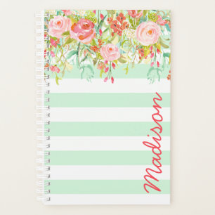Vert Menthe Aquarelle Fleurie Rayure Personnalisée