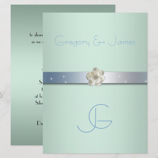 Vert mousse et argent, invitation de mariage gay (Devant / Derrière)