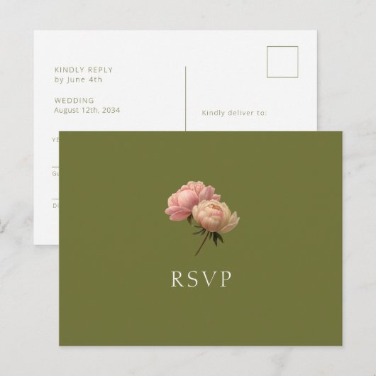 Vert olive et blanc | Carte postale RSVP de mariag (Devant / Derrière)