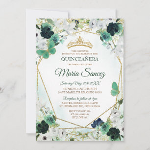 Vert & Or Floral Charra QUINCEAÑERA Invitation