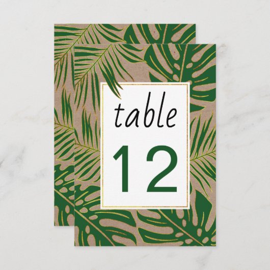 Vert, or tropical feuille mariage numéro de table (Devant / Derrière)