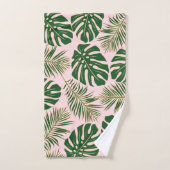 Vert, or tropical feuilles et monogramme rose (Serviette à main)