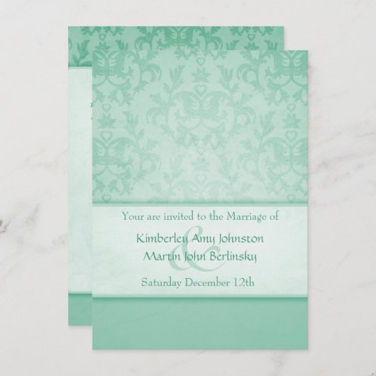 Vert pastel damassé faire-part de mariage formelle (Devant / Derrière)