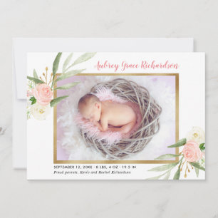 Vert rose or élégant fille faire-part de naissance