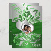 Vert, rouleaux argentés, invitation de mariage de (Devant / Derrière)