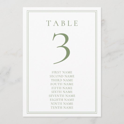 Vert sauge Chaud Numéro de table de mariage minima (Devant)