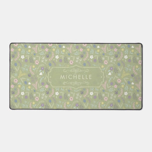 Vert Sauge Fleurs Roses Blanches Motif Floral Boho