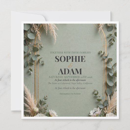 Vert sauge or feuille double arche Save The Date (Devant)