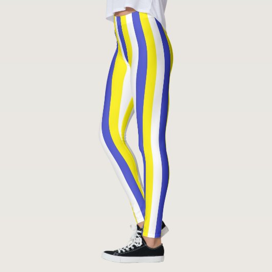 Verticaal blauwe, gele en witte strepen leggings (Links)