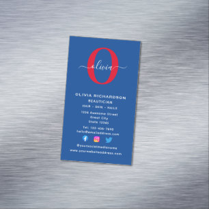 Verticaal monogram script Naam Blauw Rood Magnetisch Visitekaartje