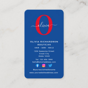 Verticaal monogram script Naam Blauw Rood Visitekaartje