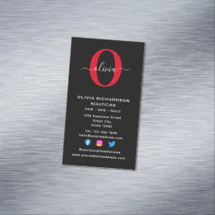 Verticaal monogram script naam zwart wit rood magnetisch visitekaartje