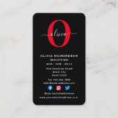 Verticaal monogram script naam zwart wit rood visitekaartje (Voorkant)