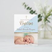 Verticaal Terug Blauw Baby Boy Foto Doop Briefkaart (Staand voorkant)