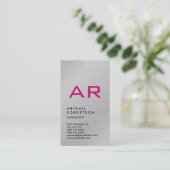 Verticaal zilver grijs rendy roze monogram visitekaartje (Staand voorkant)