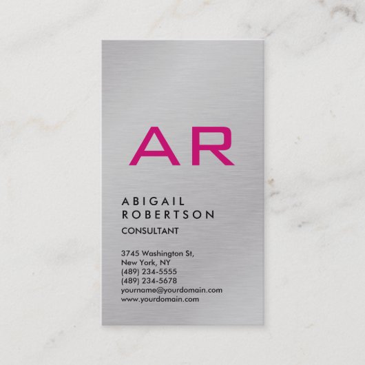 Verticaal zilver grijs rendy roze monogram visitekaartje (Voorkant)
