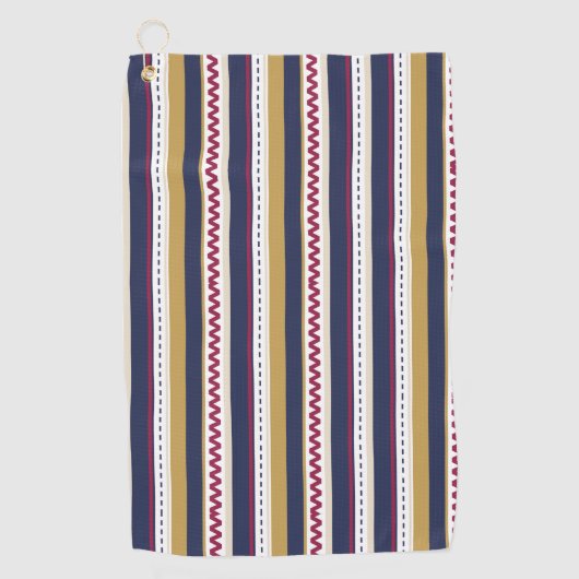 Vertical and horizontal views of a pouch with navy golfhanddoek (Voorkant)