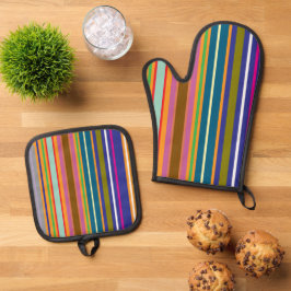 Vertical Retro Stripes Colorful Ovenwant & Pannenlap Set