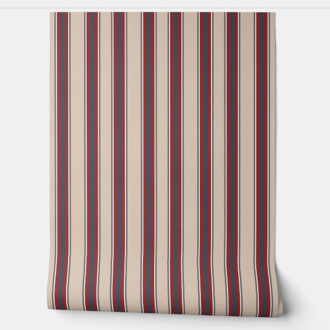 Vertical Stripes Tan Red Blue Behang (Afrollen)