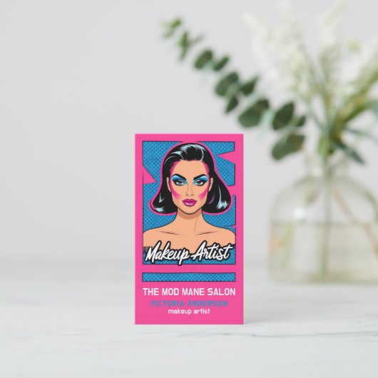 Verticale Pop Art Neon Roze Blauw Make-up Artiest Visitekaartje (Staand voorkant)