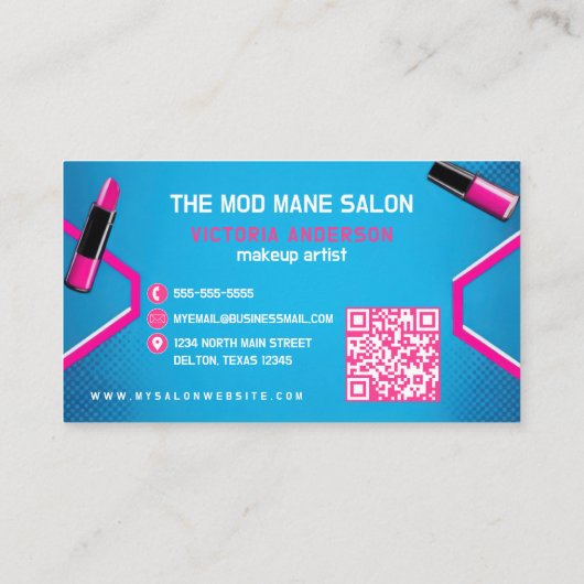 Verticale Pop Art Neon Roze Blauw Make-up Artiest Visitekaartje (Achterkant)
