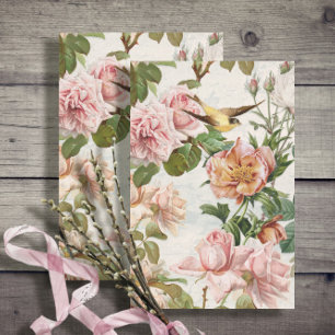 Verticale roze gele rozen Botanische vogels Tissuepapier