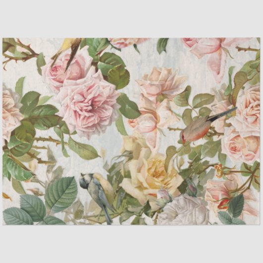 Verticale  roze gele rozen Botanische vogels Tissuepapier (Voorkant)