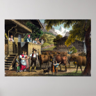Vertrek voor de Alpen - Traditionele Zwitserse Scè Poster