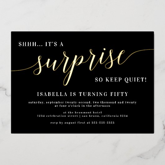 Vertrouwelijke feestdag in modern zwart-wit en Gol Folie Uitnodiging (Voorkant)