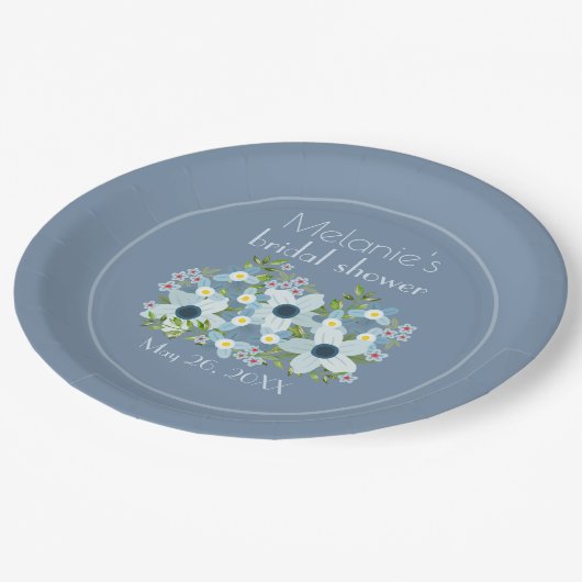 Vervaagd denim blauw bloemencentrum papieren bordje (Gekanteld)