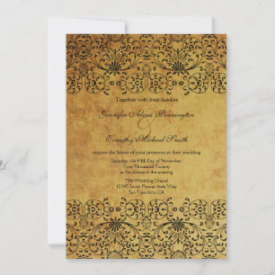  vervaagd zwart goud damask bruiloft uitnodiging