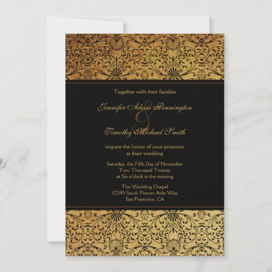 vervaagd zwart goud damask bruiloft uitnodiging (Voorkant)
