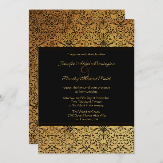 vervaagd zwart goud damask bruiloft uitnodiging (Voorkant / Achterkant)