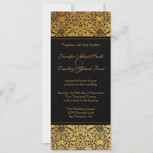 vervaagd zwart goud damask bruiloft uitnodiging (Voorkant)