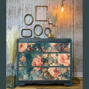 Vervaagde Rozen in Blauwgroen Mist Decoupage Prin Tissuepapier