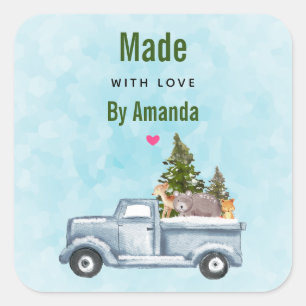 Vervaardigd met liefdeskersttruck met bosdieren vierkante sticker
