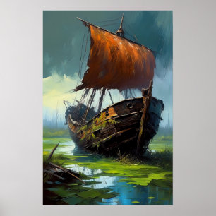 Verval Houten Boot's Overgave aan het Moeras Poster