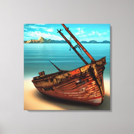 Vervallen boot op een verlaten zandstrand canvas afdruk (Voorkant)