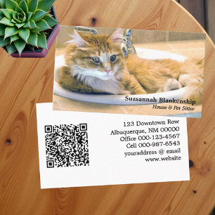 Vervangbare grappige kat in gootsteen foto en QR-c Visitekaartje