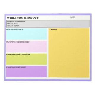 Vervangende leraar terwijl je uit de klas vorm was notitieblok